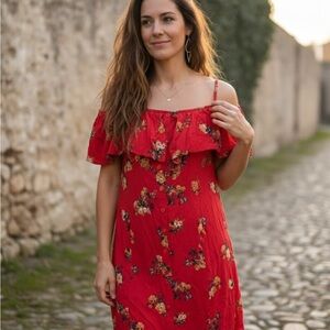Red Floral Midi Dress